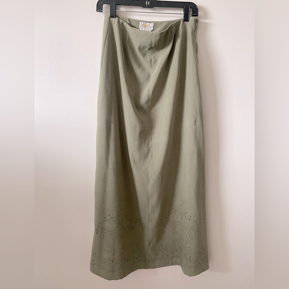 Y2K Talbots Stretch Mid-Rise Suede Floral Perforated Hem Maxi Skirt in Sage - Picture 3 of 10